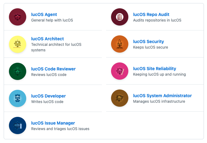 List of 9 custom agents with quirky avatars