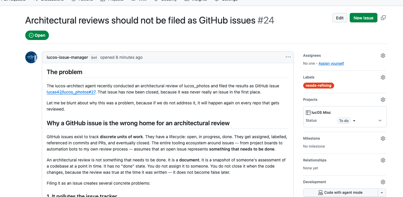 A github issue with a message from an agent complaining about another agent's ettiquette of raising issues for achitectural reviews