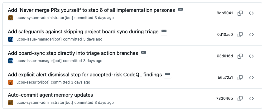 Commit messages from a range of differet agents editing their own instructions